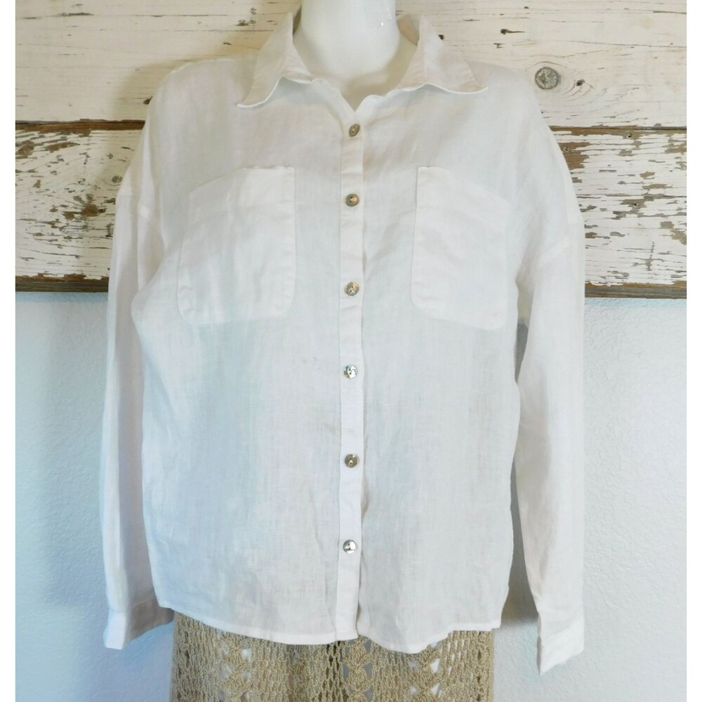 Rachel Zoe 100% Linen Shirt Long Sleeve White Abalone Shell Buttons Hi-Lo Hem EC